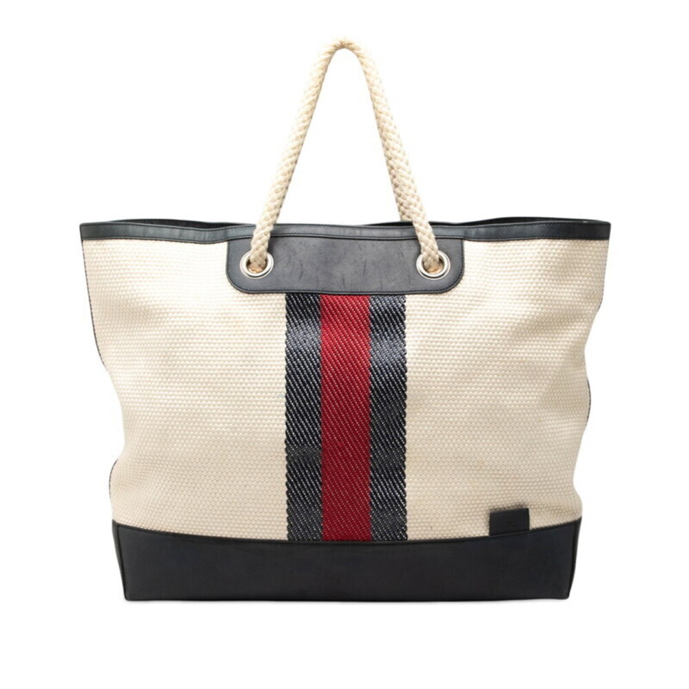 Gucci Sherry Tote Bag Navy Blue Ivory White Canvas Leather